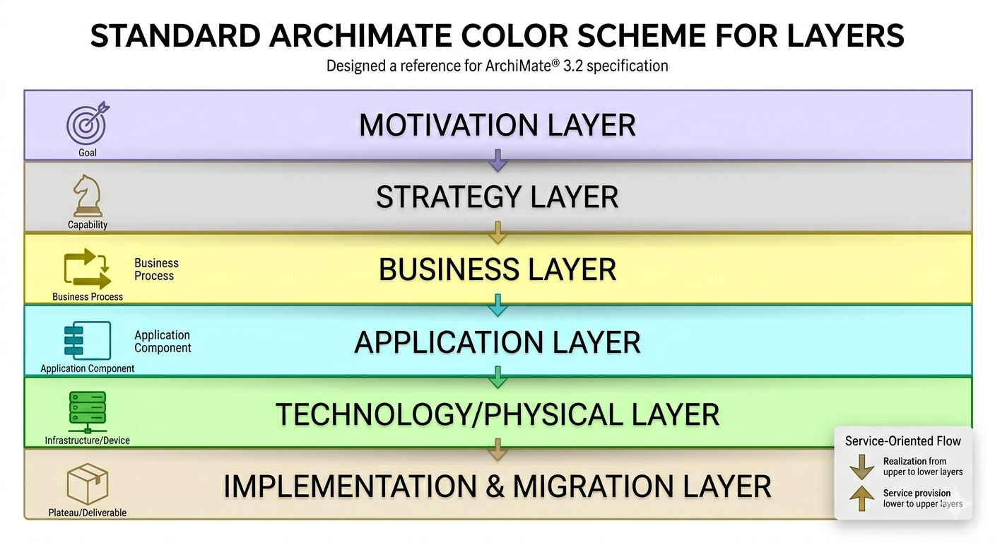 Image illustrating the standard ArchiMate color scheme for layers